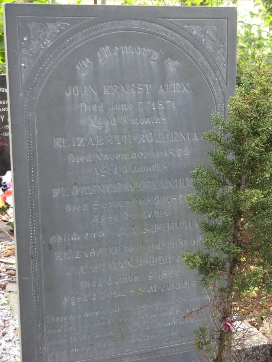 HUMAN Elizabeth -1877 :: HUMAN John Ernest Alex. -1871 :: HUMAN Elizabeth Rollenia -1872 :: HUMAN Florence Alexandra -187?