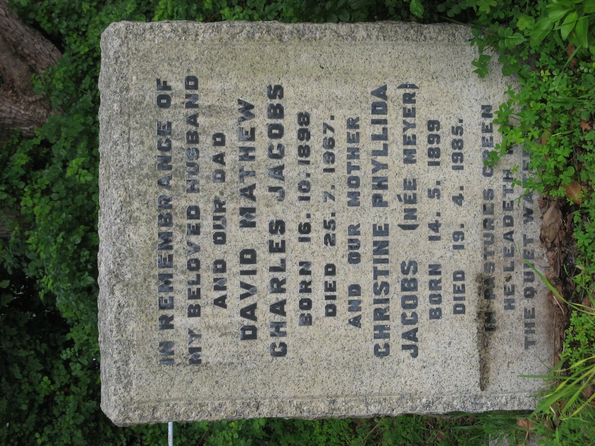 JACOBS David Mathew Charles 1898-1967 &amp; Christine Phyllida MEYER 1899-1985