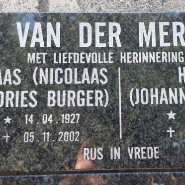 MERWE Nicolaas Andries Burger, van der 1927-2002 &amp; Johanna Christina 1914-2002