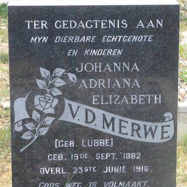 MERWE Johanna Adriana Elizabeth, v.d. nee LUBBE 1882-1916