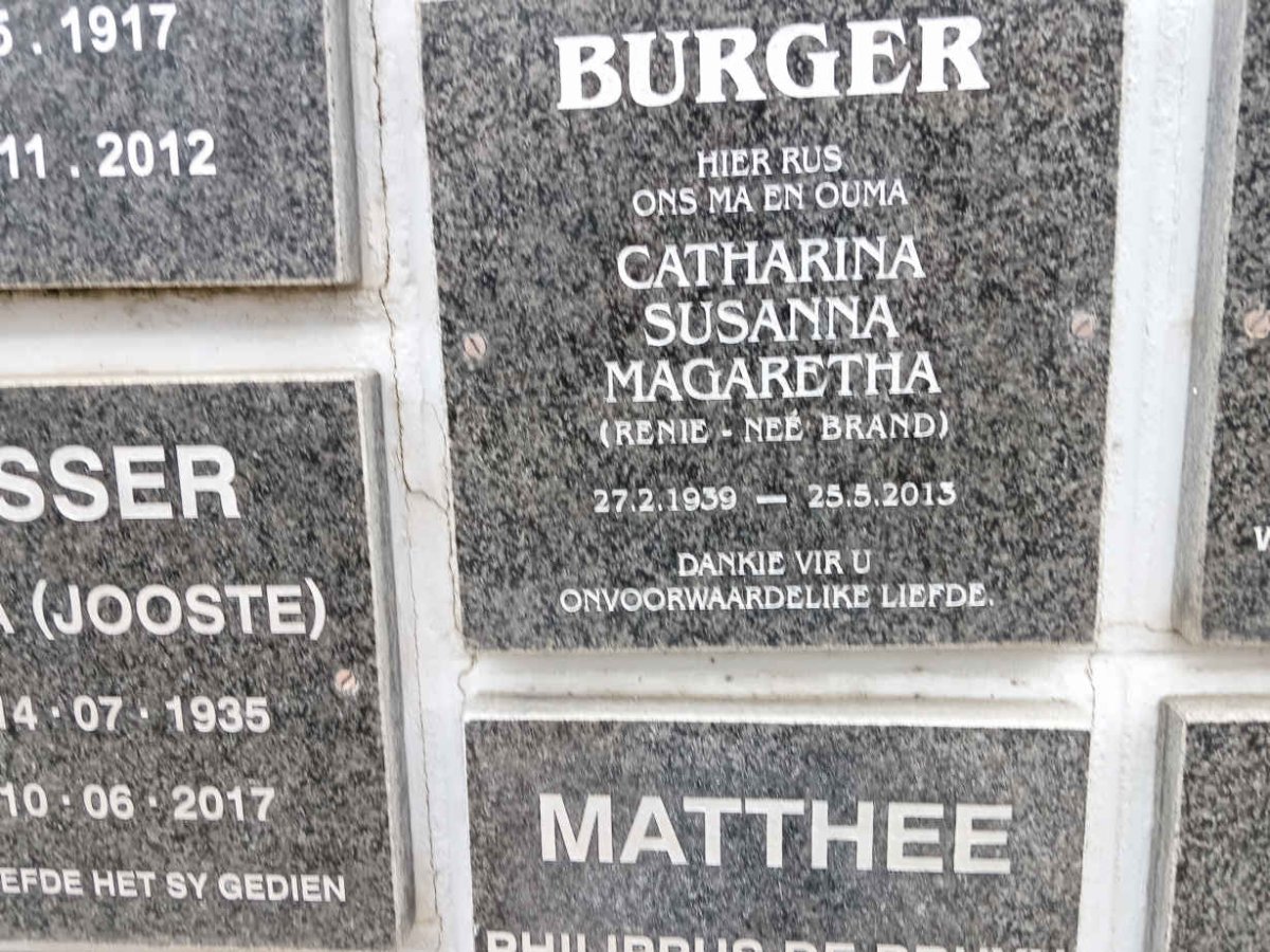 BURGER Catharina Susanna Magaretha nee BRAND 1939-2013