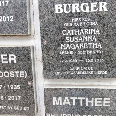 BURGER Catharina Susanna Magaretha nee BRAND 1939-2013