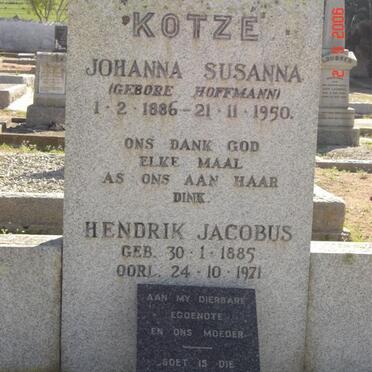 KOTZE Hendrik Jacobus 1885-1971 &amp; Johanna Susanna HOFFMANN 1836-1950