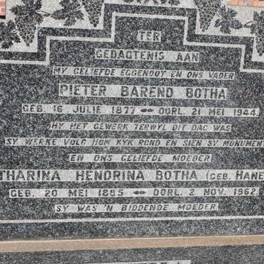 BOTHA Pieter Barend 1877-1944 &amp; Catharina Hendrina HANEKOM 1885-1962