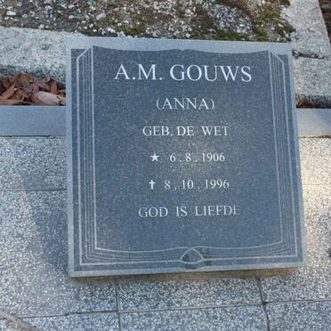 GOUWS A.M. nee DE WET 1906-1996