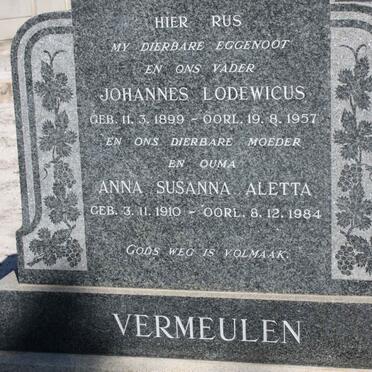 VERMEULEN Johannes Lodewicus 1899-1957 &amp; Anna Susanna Aletta 1910-1084