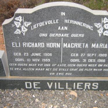 VILLIERS Eli Richard Horn, de 1906-1969 &amp; Magrieta Maria S. 1909-1966