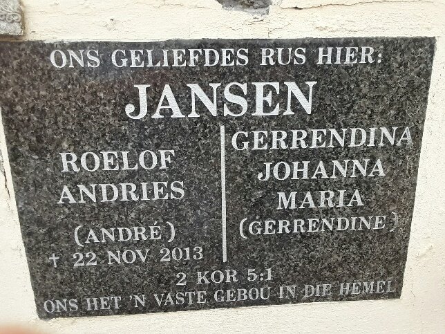 JANSEN Roelof Andries -2013 &amp; Gerrendina Johanna Maria