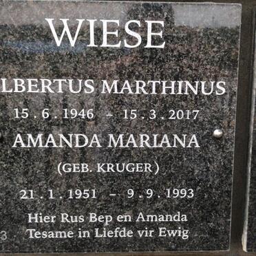 WIESE Albertus Marthinus 1946-2017 &amp; Amanda Mariana KRUGER 1951-1993