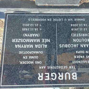 BURGER Christiaan Jacobus Mouton 1919-2004 &amp; Alida Maryna MAMMOSZER 1920-2011
