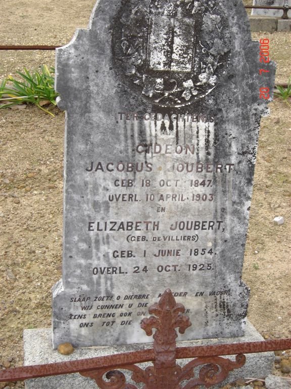 JOUBERT Gideon Jacobus 1847-1903 &amp; Elizabeth DE VILLIERS 1854-1925