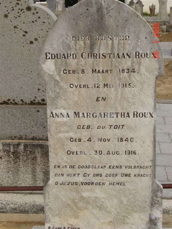 ROUX Eduard Christiaan 1834-1915 &amp;  Anna Margaretha DU TOIT 1840-1916