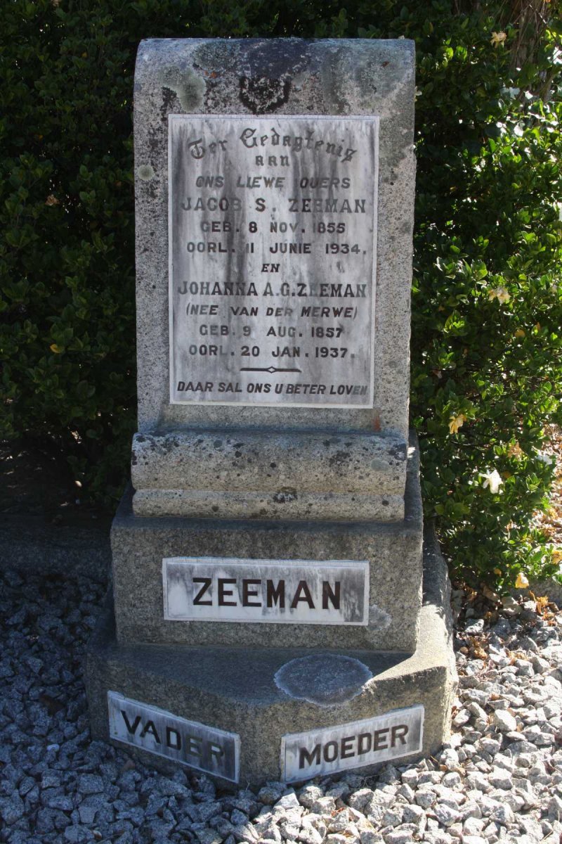 ZEEMAN Jacob S. 1855-1934 &amp; Johanna A.G. VAN DER MERWE 1857-1937