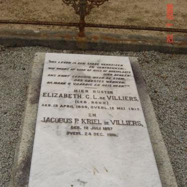 VILLIERS Jacobus P. Kriel, de 1857-1906 &amp; Elizabeth C.L. ROUX 1860-1915