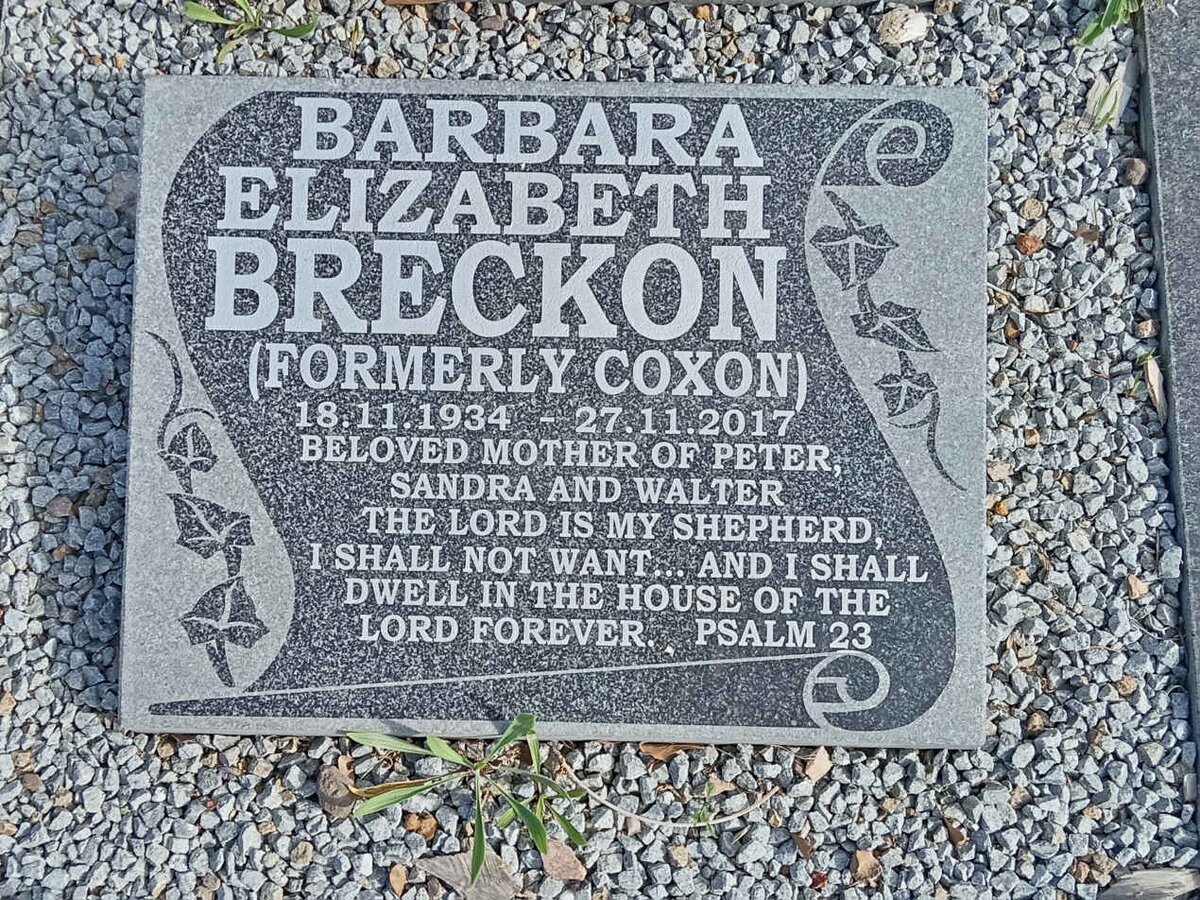 BRECKON Barbara Elizabeth formerly COXON 1934-2017