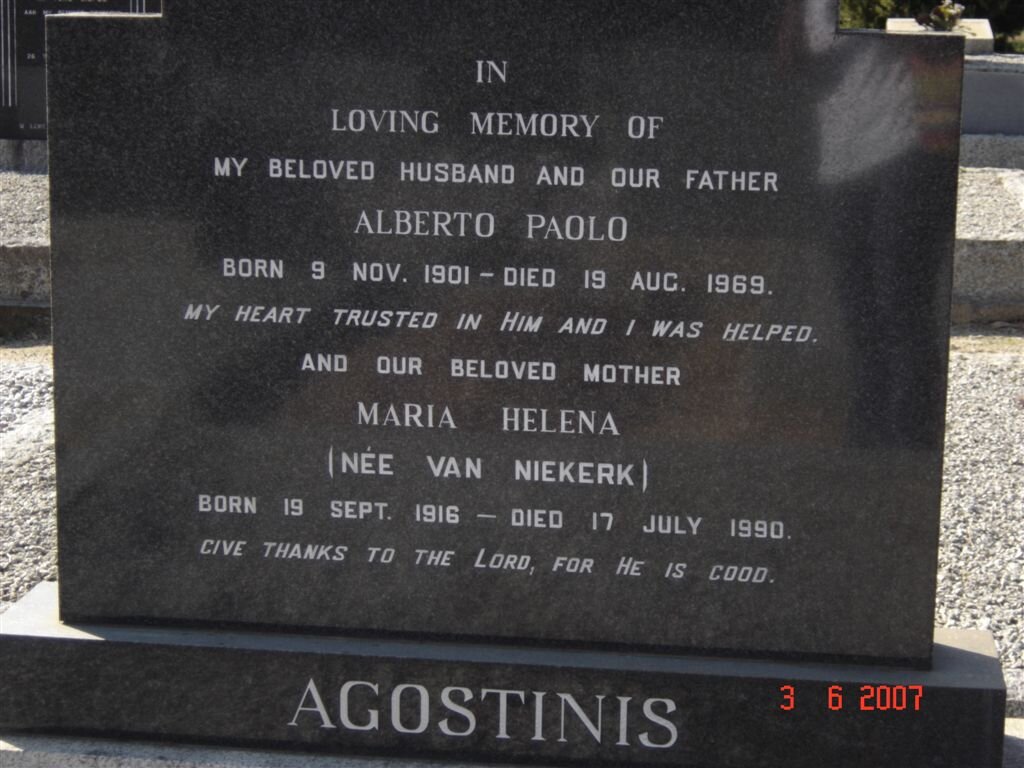 AGOSTINIS Alberto Paolo 1901-1969 &amp; Maria Helena VAN NIEKERK 1916-1990