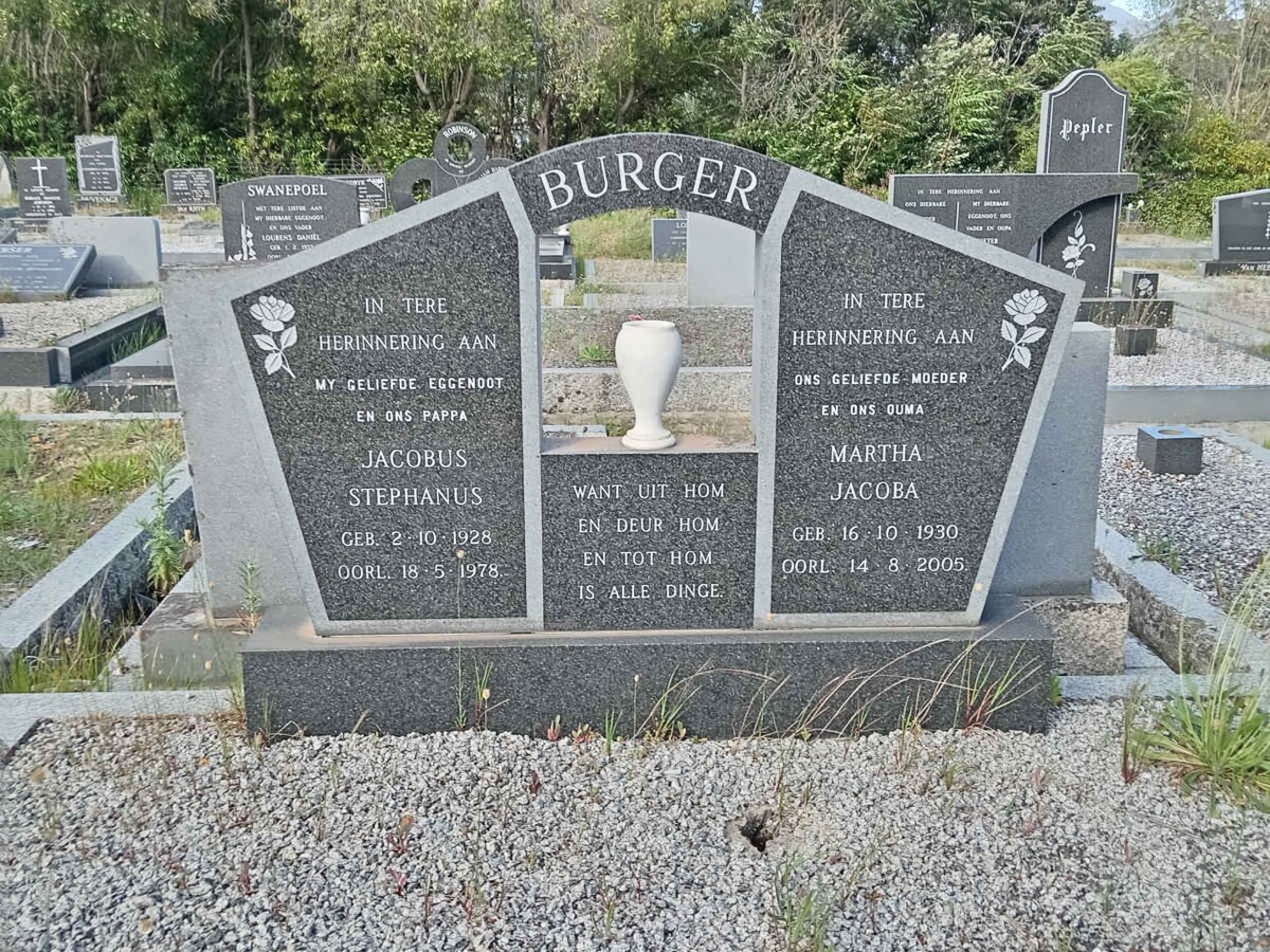 BURGER Jacobus Stephanus 1928-1978 &amp; Martha Jacoba 1930-2005