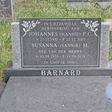 BARNARD Johannes P.C. 1930-2005 &amp; Susanna M. nee VAN DER MERWE 1930-2019
