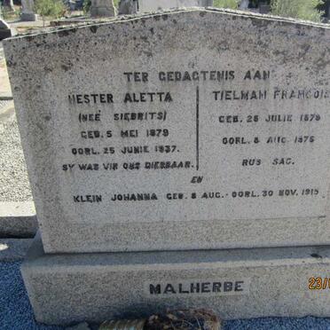MALHERBE Tielman Francois 1878-1975 &amp; Hester Aletta SIEBRITS 1879-1937 :: MALHERBE Johanna 1915-1915
