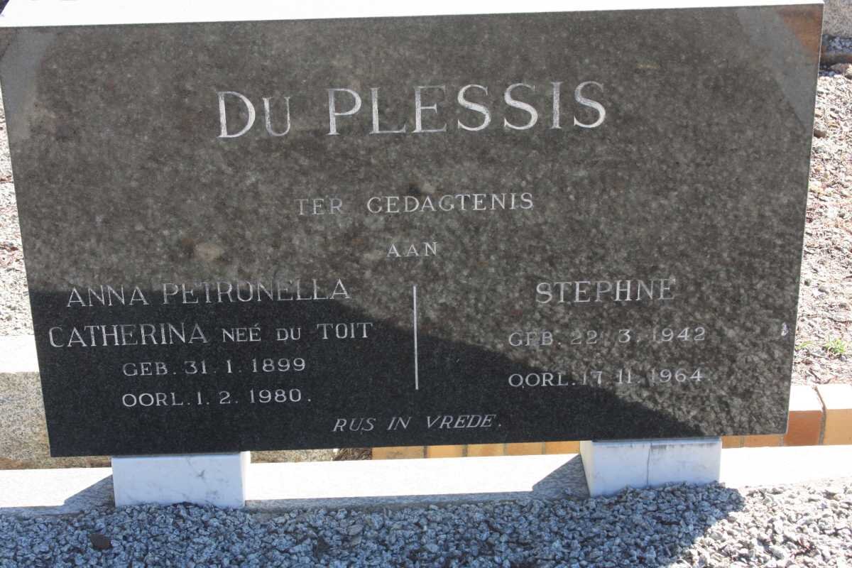PLESSIS Stephne, du 1942-1964 :: DU PLESSIS Anna Petronella Catherina nee DU TOIT 1899-1980