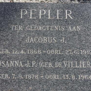 PEPLER Jacobus J. 1868-1919 &amp; Susanna J.P. DE VILIIERS 1878-1964