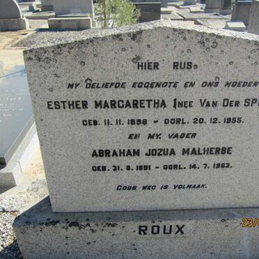 ROUX Abraham Jozua Malherbe 1891-1963 &amp; Esther Margaretha VAN DER SPUY  1898-1955