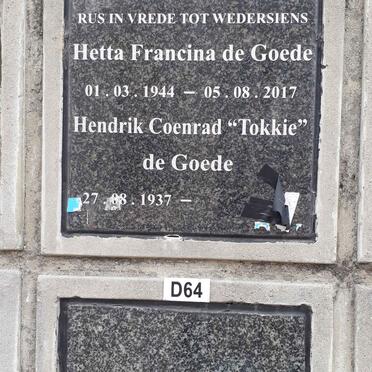 GOEDE Hendrik Coenrad, de 1937- &amp; Hetta Francina 1944-2017