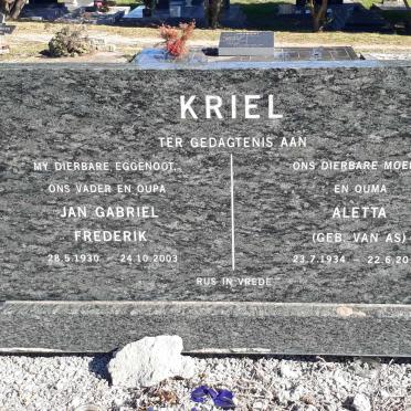 KRIEL Jan Gabriel Frederik 1930-2003 &amp; Aletta VAN AS 1934-2010