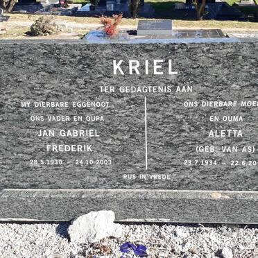 KRIEL Jan Gabriel Frederik 1930-2003 &amp; Aletta VAN AS 1934-2010