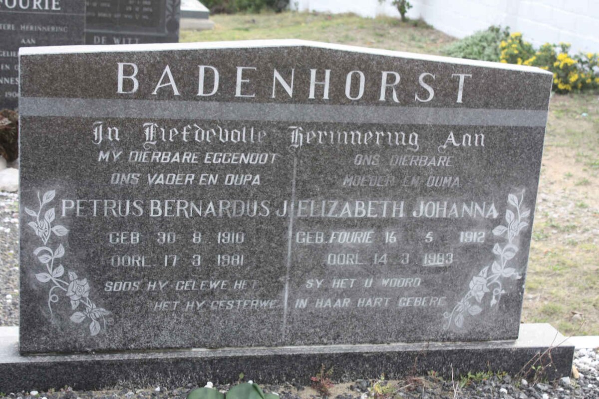 BADENHORST Petrus Bernardus J. 1910-1981 &amp; Elizabeth Johanna FOURIE 1912-1983