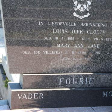 FOURIE Louis Dirk Cloete 1895-1971 &amp; Mary Ann Jane nee DE VILLIERS 1895-1974