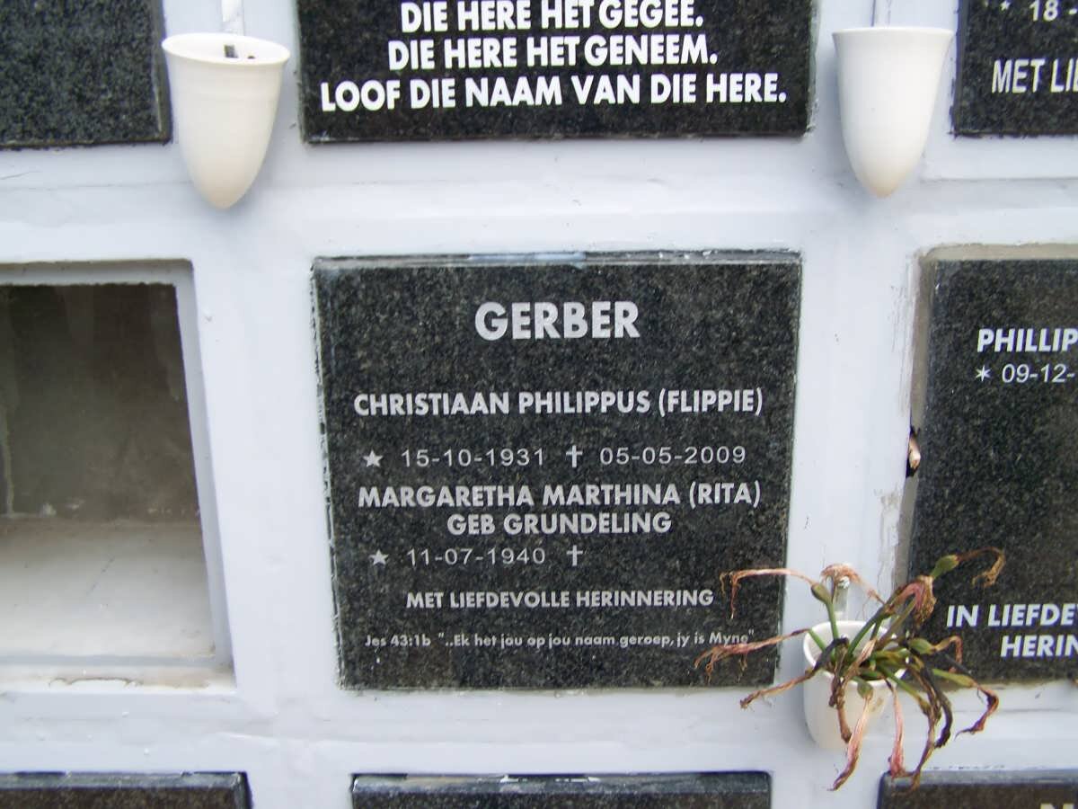 GERBER Christiaan Philippus 1931-2009 &amp; Margaretha Marthina GRUNDELING  1940-
