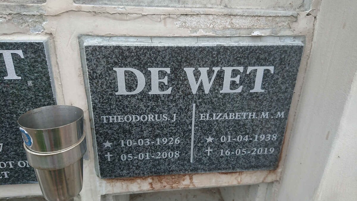 WET Theodorus J., de 1926-2008 &amp; Elizabeth M.M. 1938-2019
