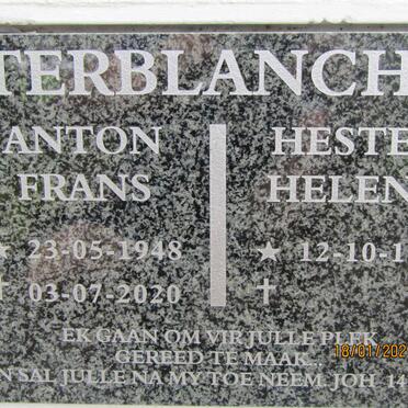 TERBLANCHE Anton Frans 1948-2020 &amp; Hester Helena 1951-