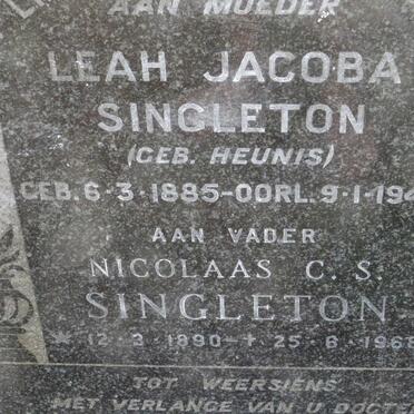 SINGLETON Nicolaas C.S. 1890-1968 &amp; Leah Jacoba HEUNIS 1885-1948