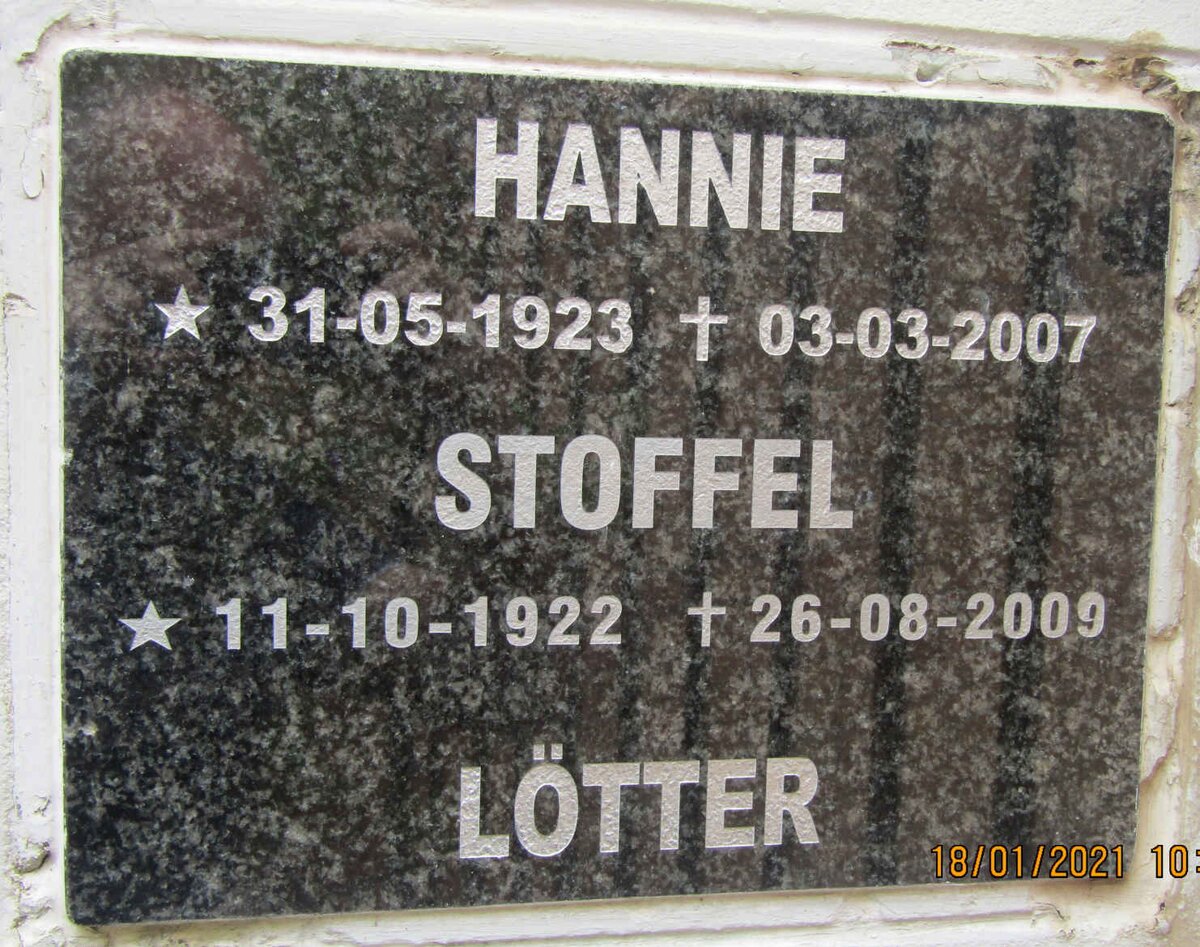 LÖTTER Stoffel 1922-2009 &amp; Hannie 1923-2007