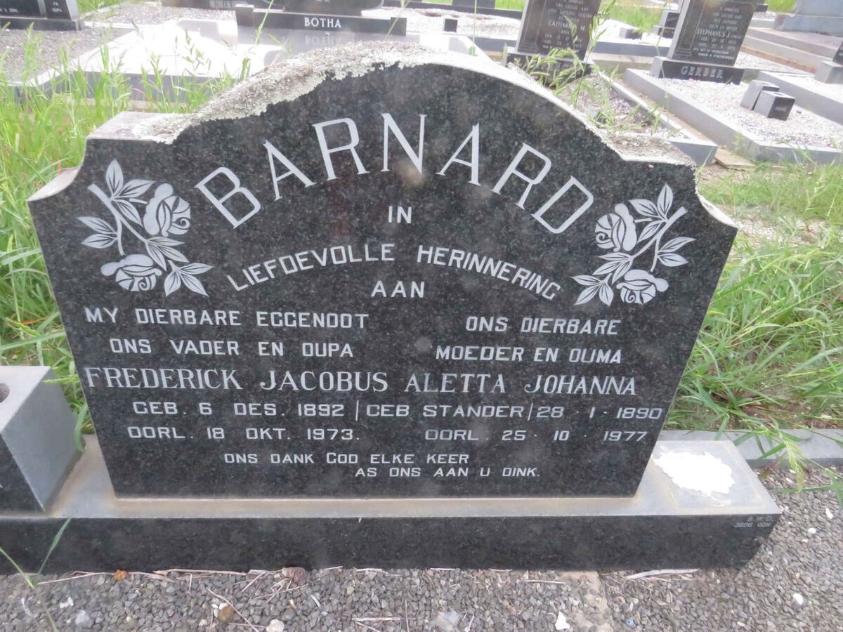 BARNARD Frederick Jacobus 1892-1973 &amp; Aletta Johanna STANDER 1890-1977