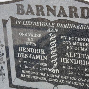 BARNARD Hendrik Benjamin 1929-2007 &amp; Aletta Hendrika 1927-2005