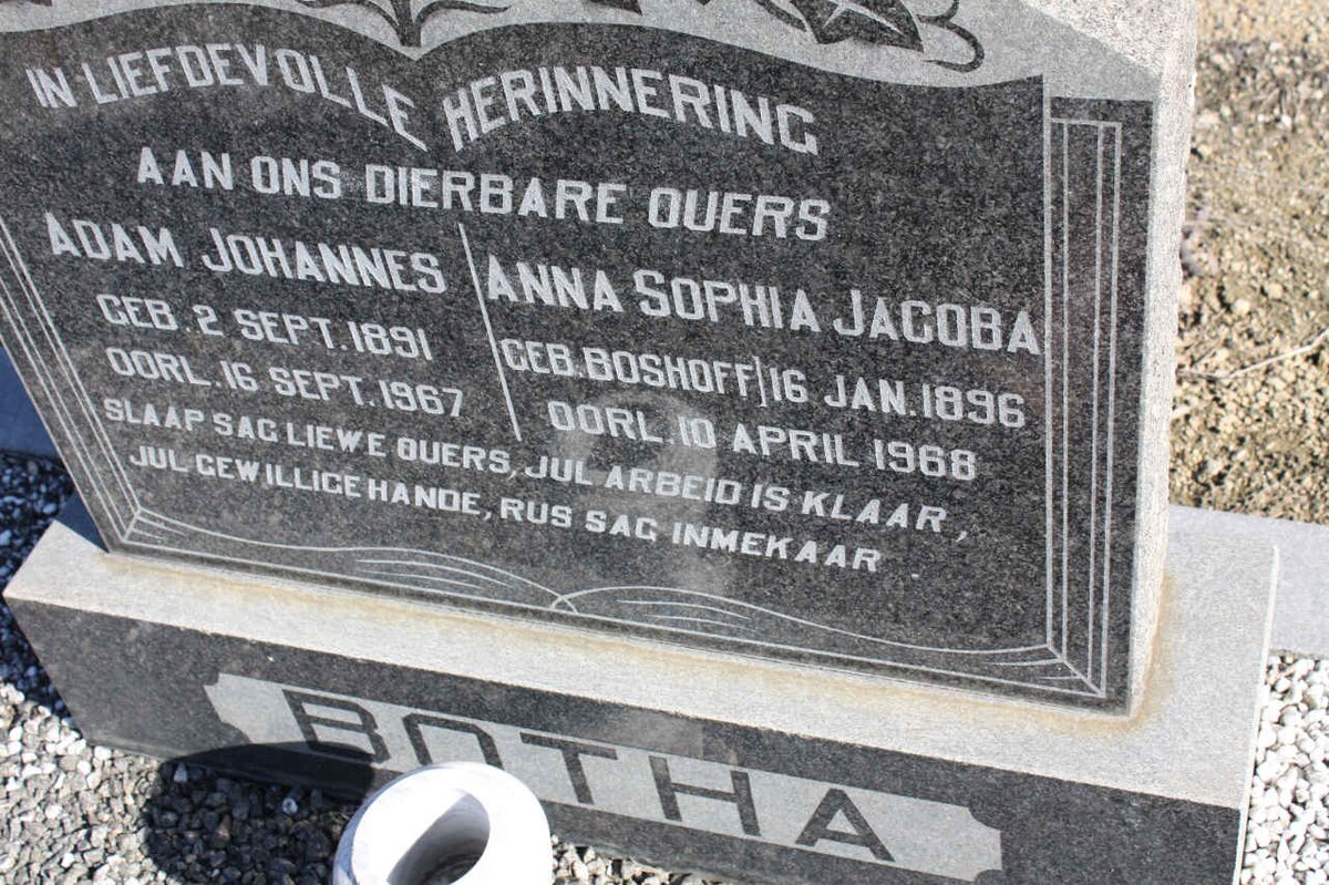 BOTHA Adam Johannes 1891-1967 &amp; Anna Sophia Jacoba BOSHOFF 1896-1968
