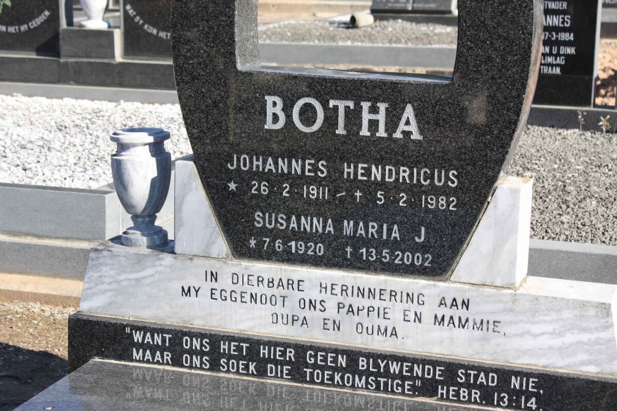 BOTHA Johannes Hendricus 1911-1982 &amp; Susanna Maria J. 1920-2002