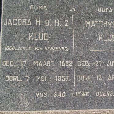 KLUE Matthys J. 1874-1959 &amp; Jacoba H.D.H.Z. JANSE VAN RENSBURG 1882-1957