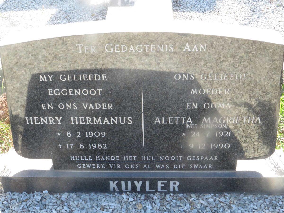 KUYLER Henry Hermanus 1909-1982 & Aletta Margrietha SIMPSON 1921-1990