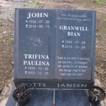 POTTS John 1936-2018 & Trifina Paulina 1934-2005 :: JANSEN Granwill Rian 1984-2018