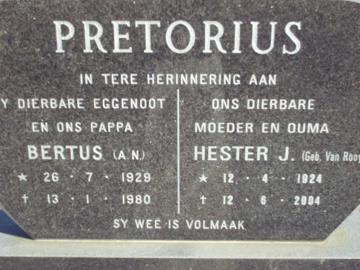 PRETORIUS Bertus A.N. 1929-1980 &amp; Hester J. VAN ROOYEN 1924-2004