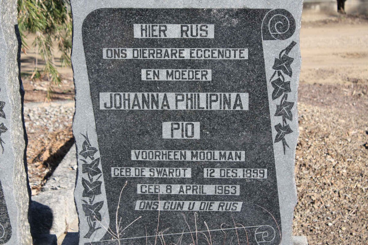 PIO Johanna Philipina voorheen MOOLMAN nee DE SWART 1899-1963