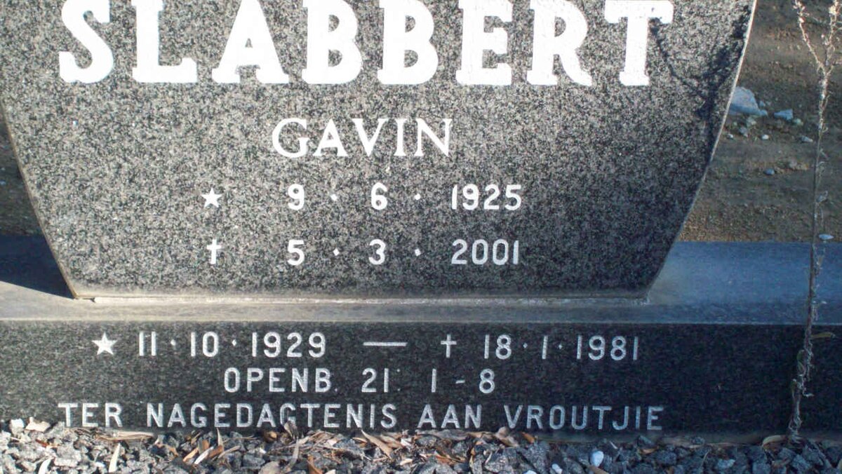 SLABBERT Gavin 1925-2001 &amp; Irene 1929-1981