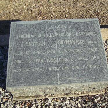 SNYMAN Jeremia Jesaja 1874-1958 &amp; Hendrina Barendina HILLS 1878-1959