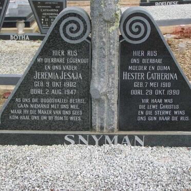SNYMAN Jeremia Jesaja 1902-1947  &amp; Hester  Catharina 1910-1990