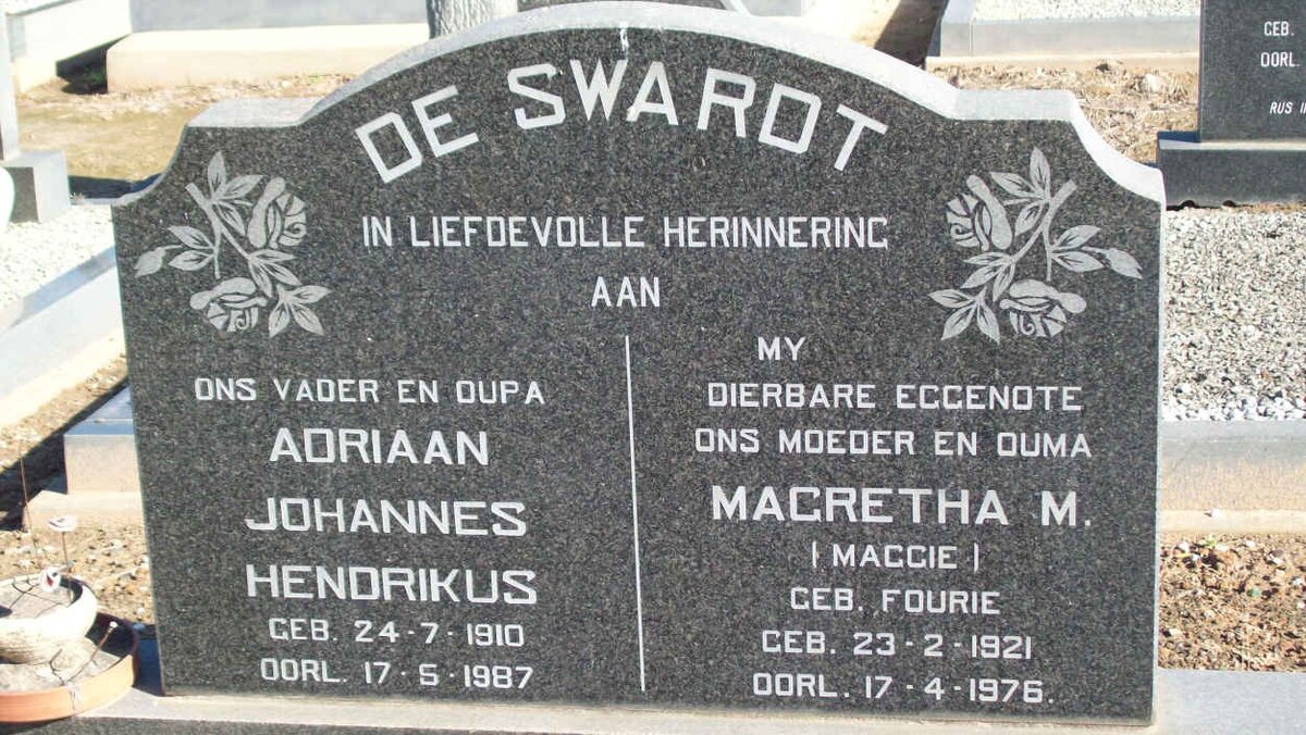 SWARDT Adriaan Johannes Hendrikus, de 1910-1987 &amp; Magretha M. FOURIE 1921-1976