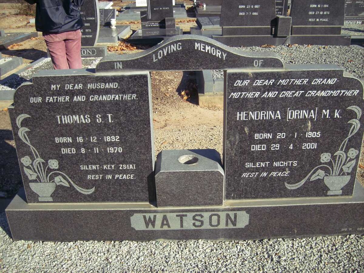 WATSON Thomas S.T. 1892-1970 &amp; Hendrina M.K. 1905-2001